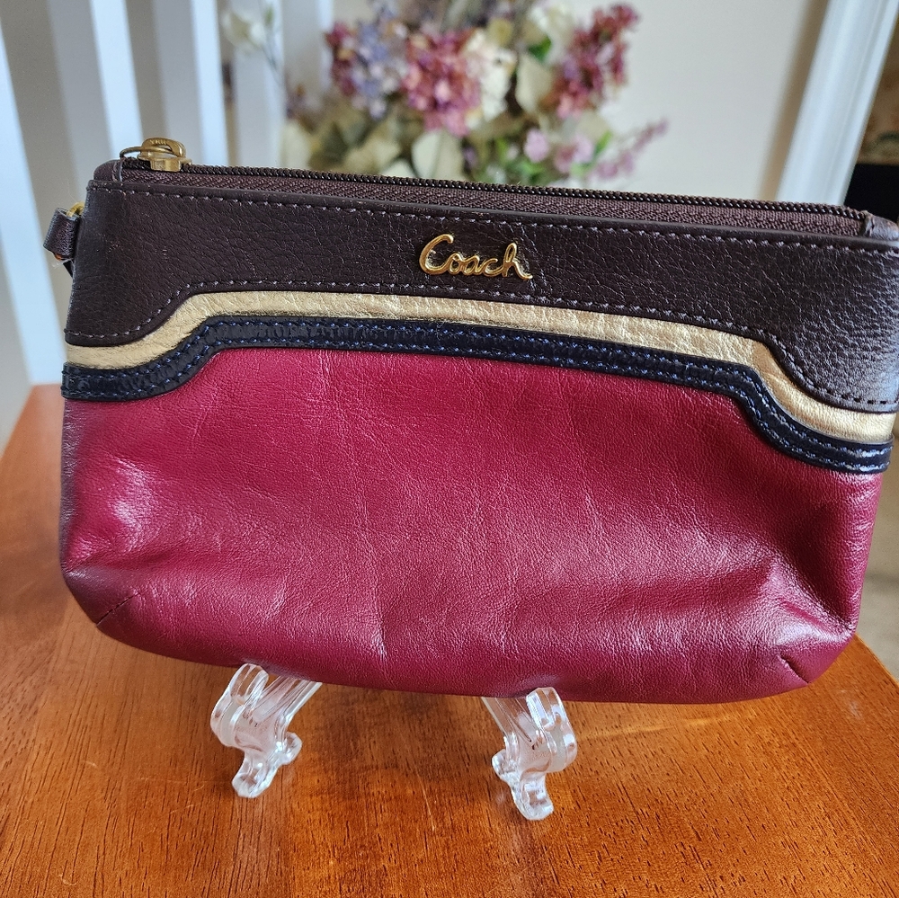 Coach Burgundy, Brown,  Gold Leather Wristlet In Excellent Condition